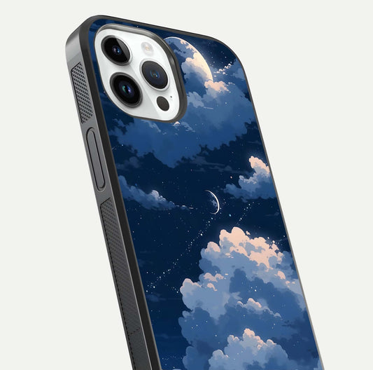 Moon Dream Haze Glass Case for iPhone 14 Pro close-up angled shot showing moon reflection and subtle glow