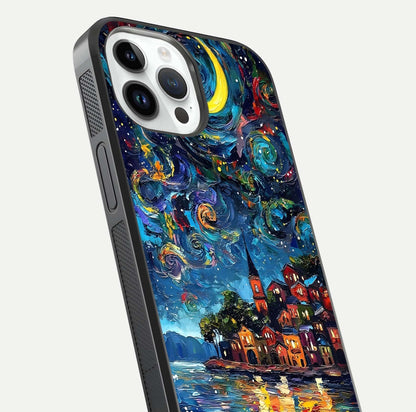 Moonlight Harbor Glow Glass Case for iPhone 14 Pro close-up angled shot showing reflection and moonlight glow