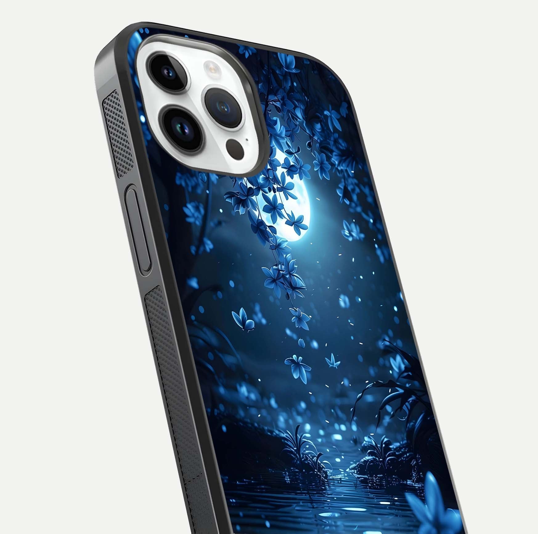 Moonlight Petal Dream Glass Case for iPhone 14 Pro close-up angled shot showing petal reflection and glow texture