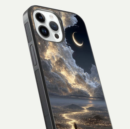 Moonlight Spark Path Glass Case for iPhone 14 Pro close-up angled shot showing glowing stars and reflection
