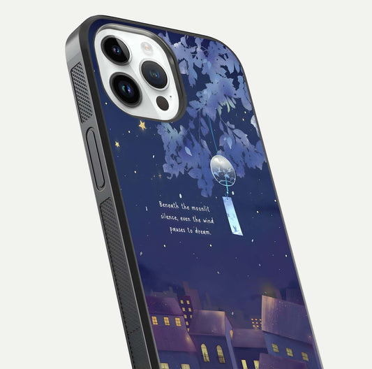 Moonlit Cat Silence Glass Case for iPhone 14 Pro close-up angled shot showing soft glow and reflection texture