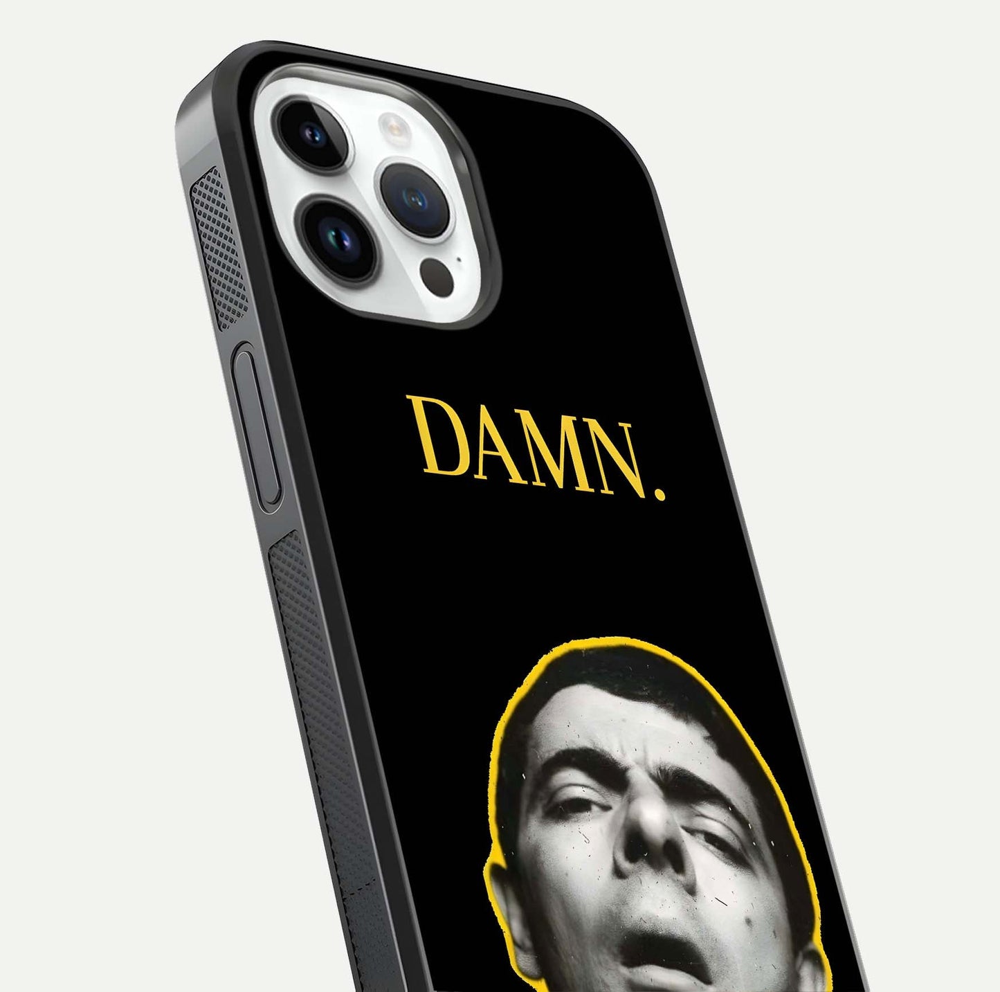 Mr Bean Damn Glass Case for iPhone 14 Pro close-up angled shot highlighting comic expression and shine detail
