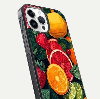Multiple Fruits Glass Case for iPhone 14 Pro close-up angled shot showing fruit texture and HD gloss shine