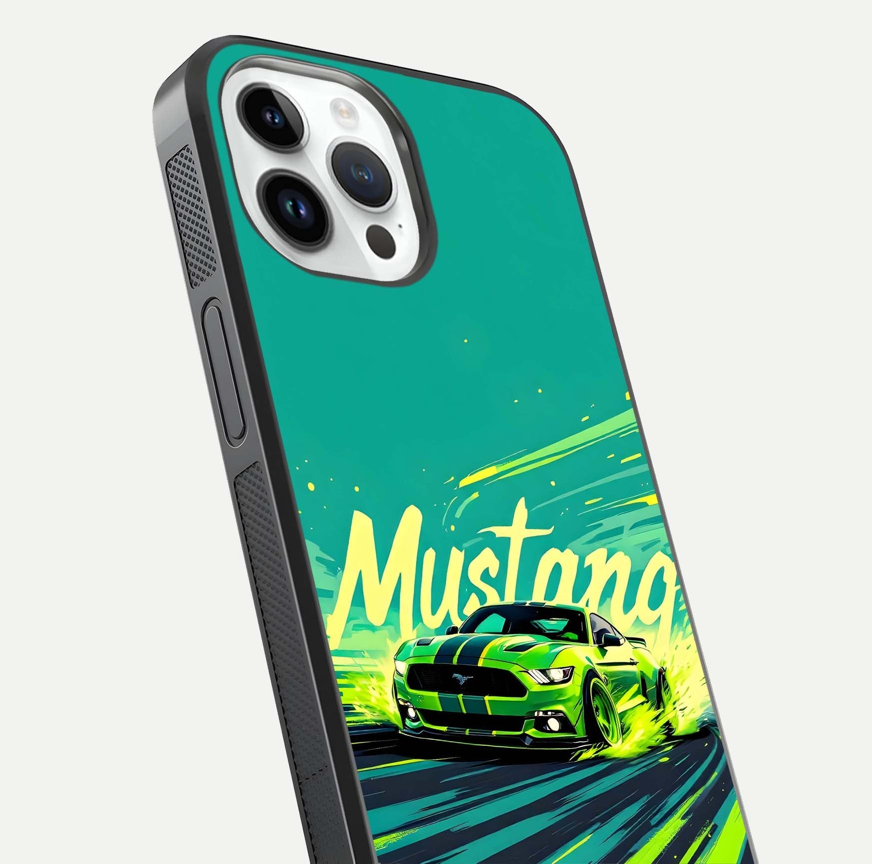 Mustang Bang Glass Case for iPhone 14 Pro close-up angled shot showing car emblem and HD reflection