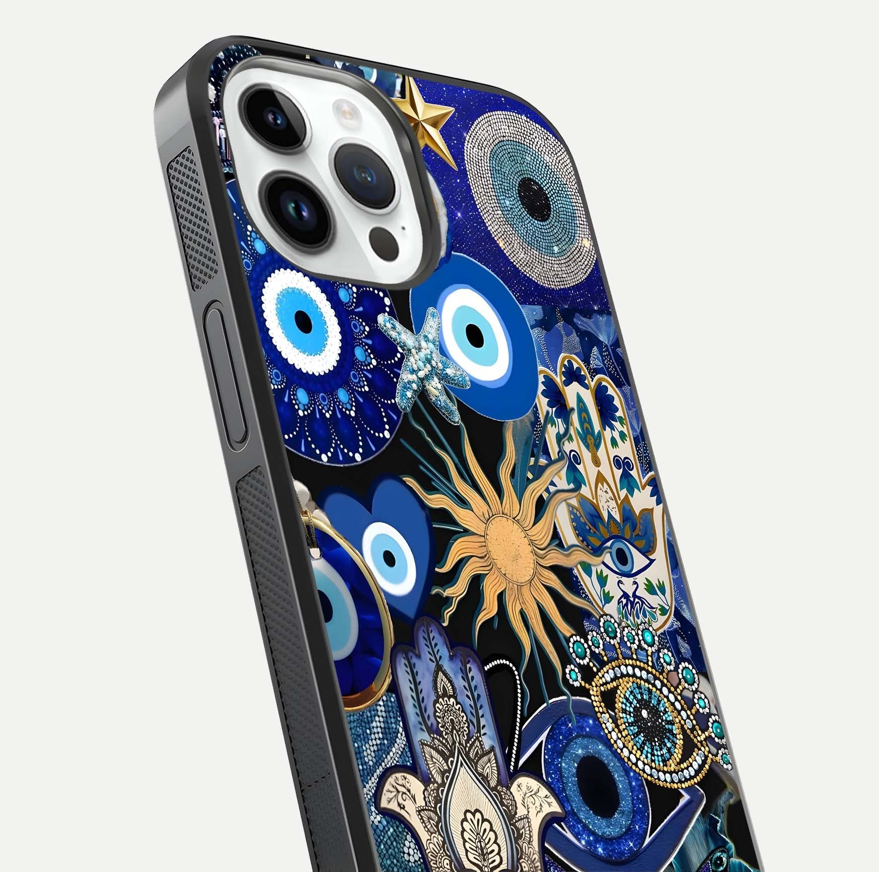 Mystic Blue Evil Eye Glass Case for iPhone 14 Pro close-up angled shot highlighting mystical glow and HD reflection
