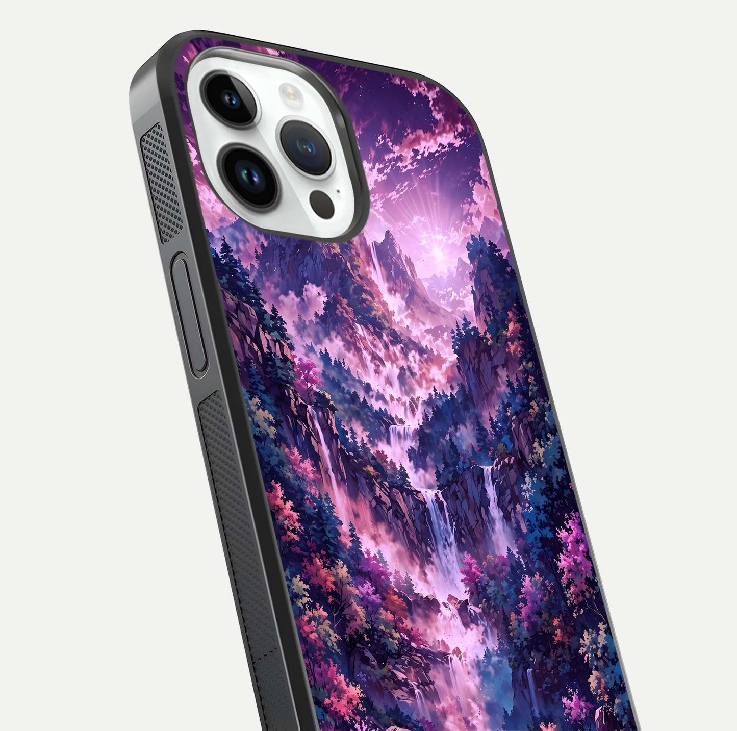 Mystic Cascade Peaks Glass Case for iPhone 14 Pro close-up angled shot showing peak reflections and color gradient