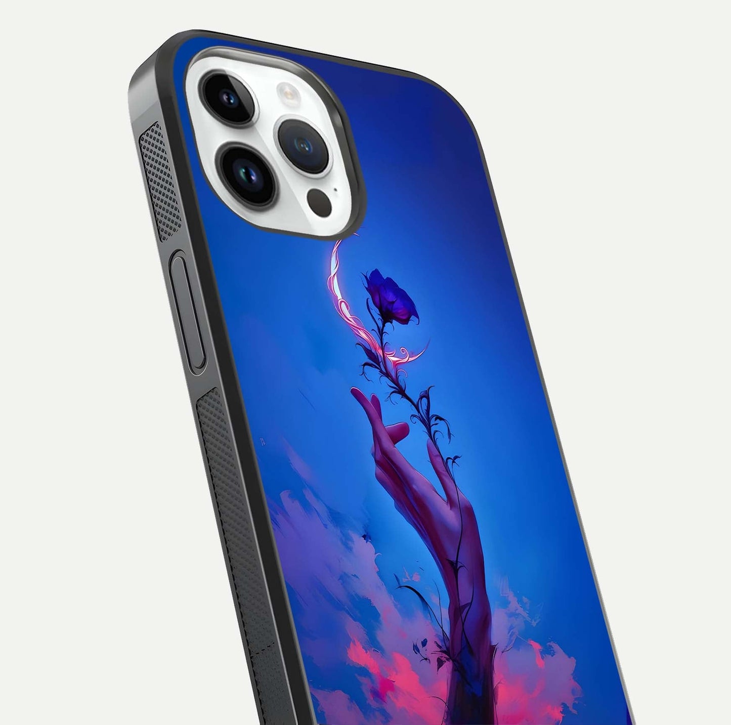 Mystic Hand Glass Case for iPhone 14 Pro close-up angled shot showing spiritual markings and reflection
