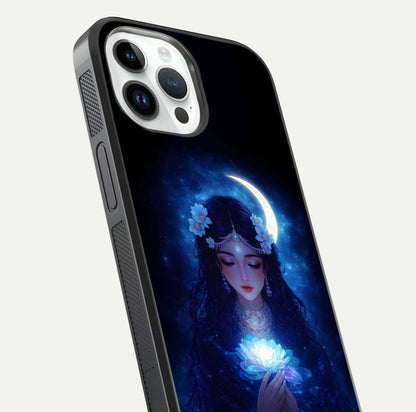 Mystic Moon Queen Glass Case for iPhone 14 Pro close-up angled shot showing shine and lunar tones