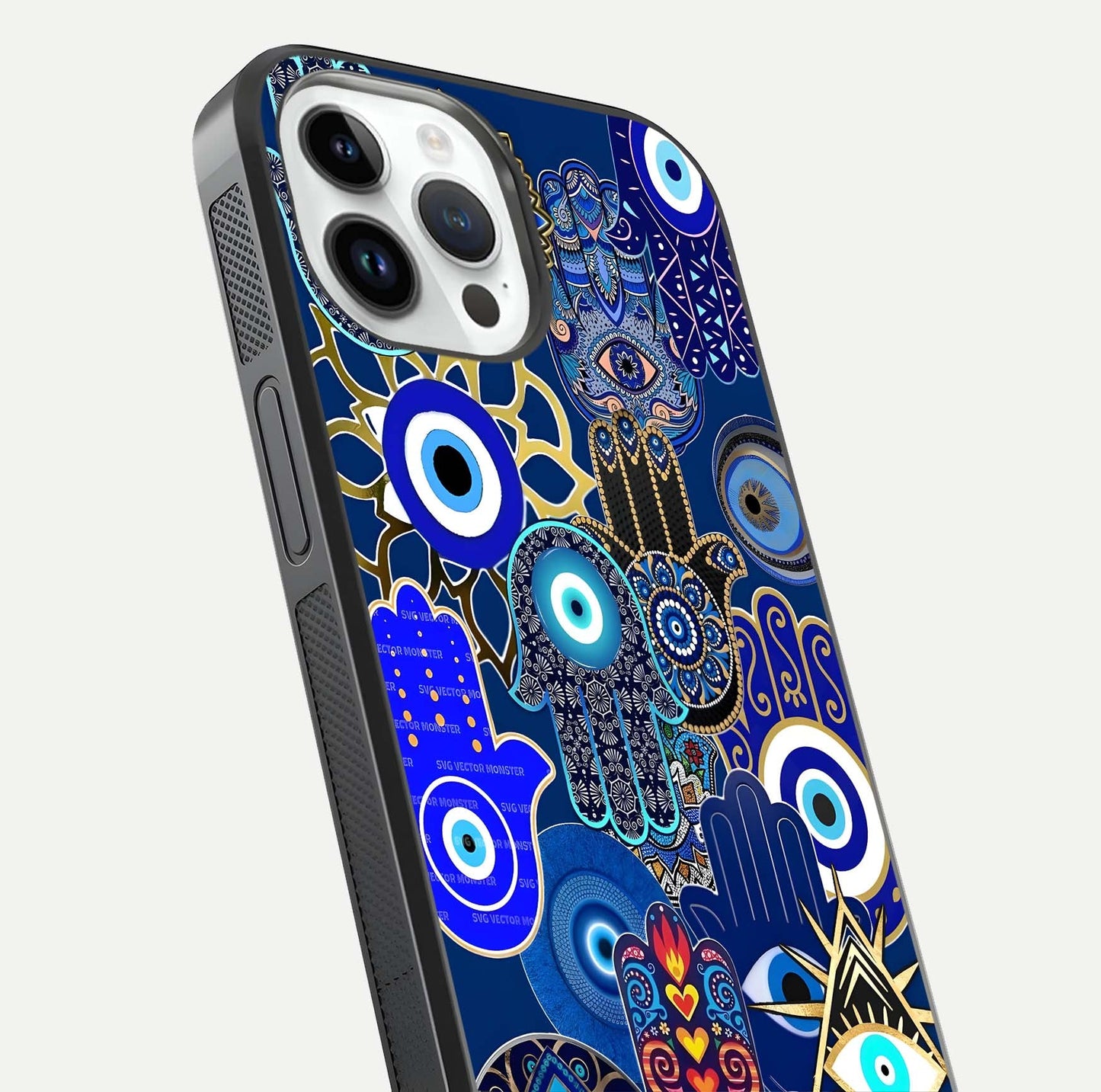 Mystic Palm Guard Glass Case for iPhone 14 Pro close-up angled shot showing eye symbol and fine texture