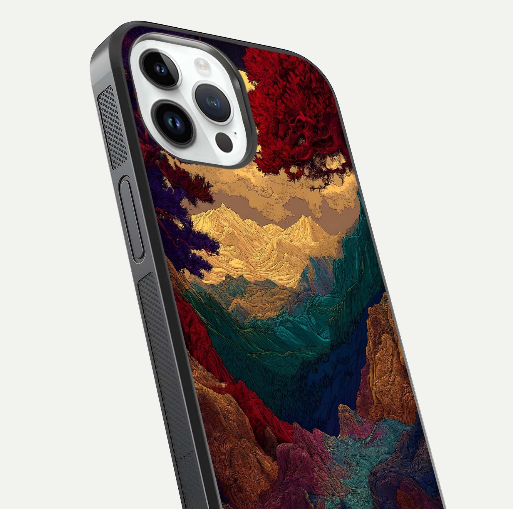 Mystic Valley Light Glass Case for iPhone 14 Pro close-up angled shot highlighting gradient sky and reflection