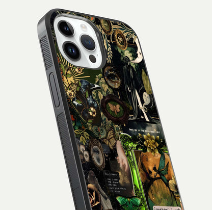 Mystic Woods Secret Glass Case for iPhone 14 Pro close-up angled shot highlighting tree texture and reflection