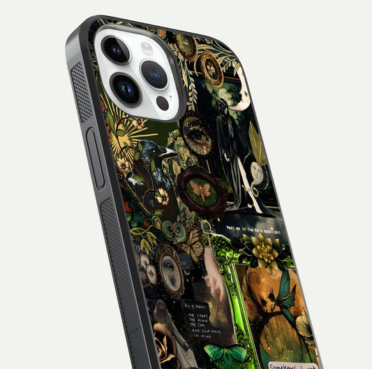 Mystic Woods Secret Glass Case for iPhone 14 Pro close-up angled shot highlighting tree texture and reflection