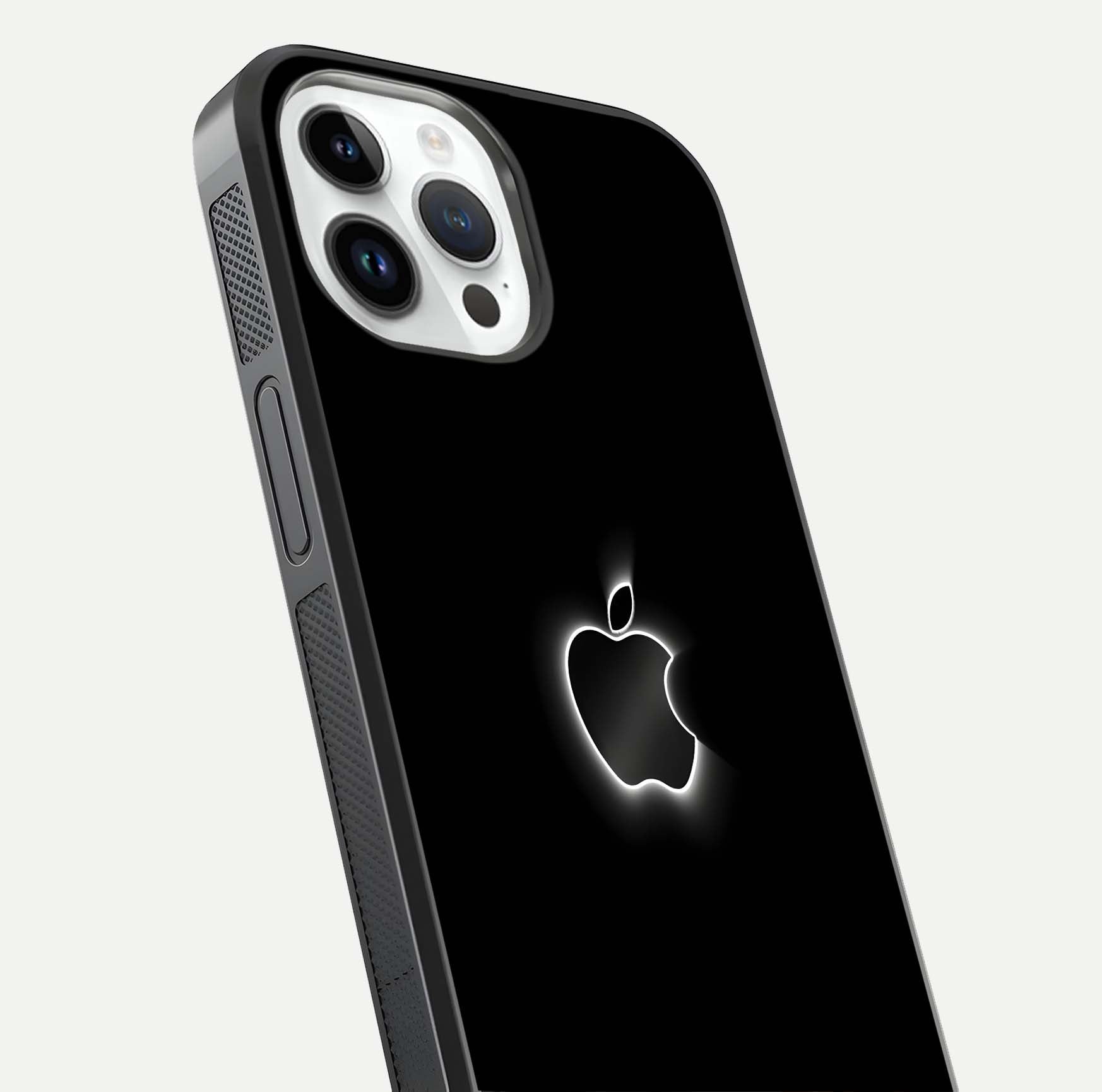 Neon Apple Glow Glass Case for iPhone 14 Pro close-up angled shot highlighting neon reflection and color pop