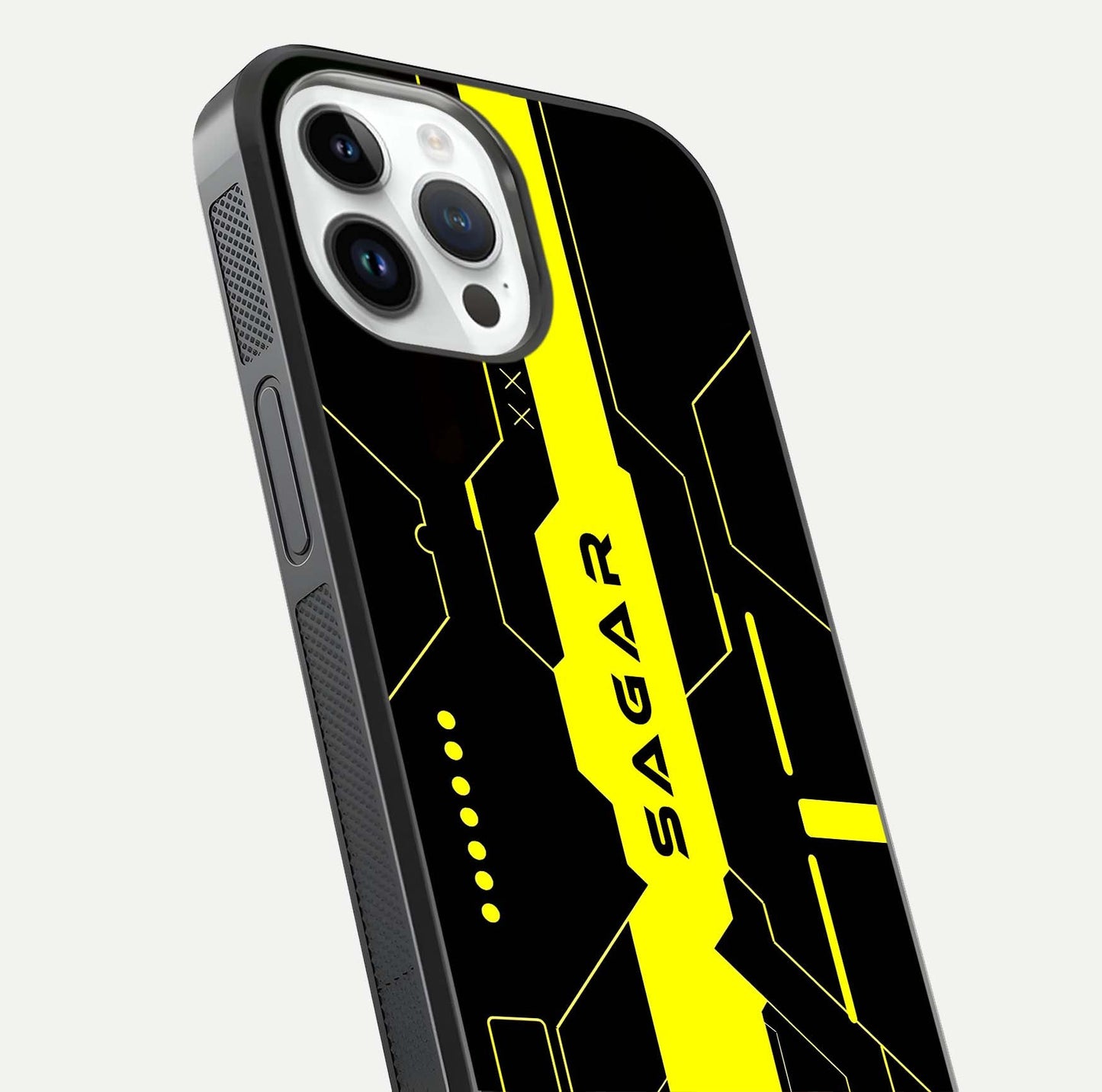 Neon CYBERPUNK Custom Name Glass Case for iPhone 14 Pro close-up angled shot highlighting electric colors and reflection