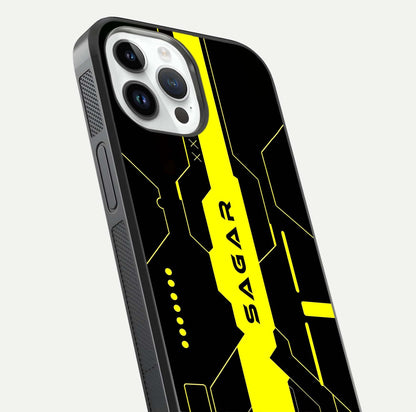 Neon CYBERPUNK Custom Name Glass Case for iPhone 14 Pro close-up angled shot highlighting electric colors and reflection