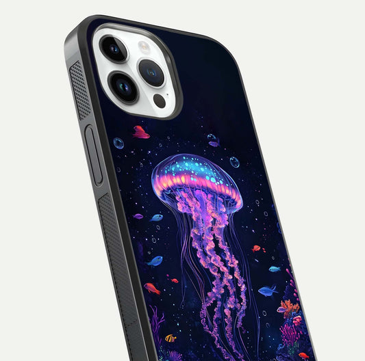 Neon Jellyfish Glass Case for iPhone 14 Pro close-up angled shot showing translucent jellyfish and shine reflection