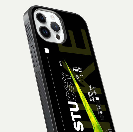 Neon Street Edition Glass Case for iPhone 14 Pro close-up angled shot showing urban neon lights and shine