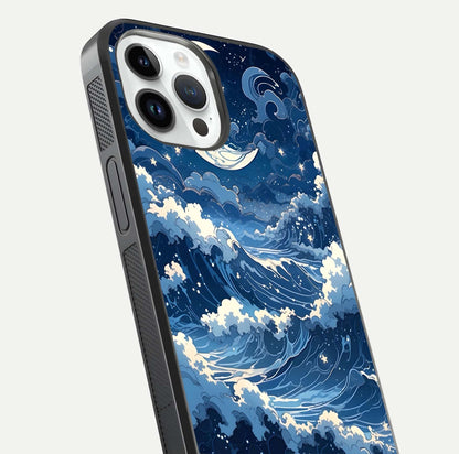 Ocean Moon Waves Glass Case for iPhone 14 Pro close-up angled shot showing HD reflection and calm tones
