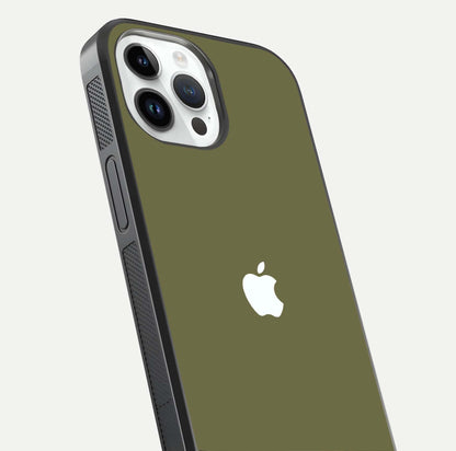Olive Matte Essence Glass Case for iPhone 14 Pro close-up angled shot showing soft reflection and minimal finish