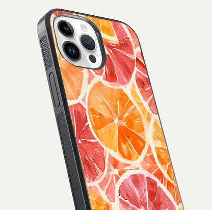 Orange Fruits Pattern Glass Case for iPhone 14 Pro close-up angled shot showing juicy fruit texture and reflection