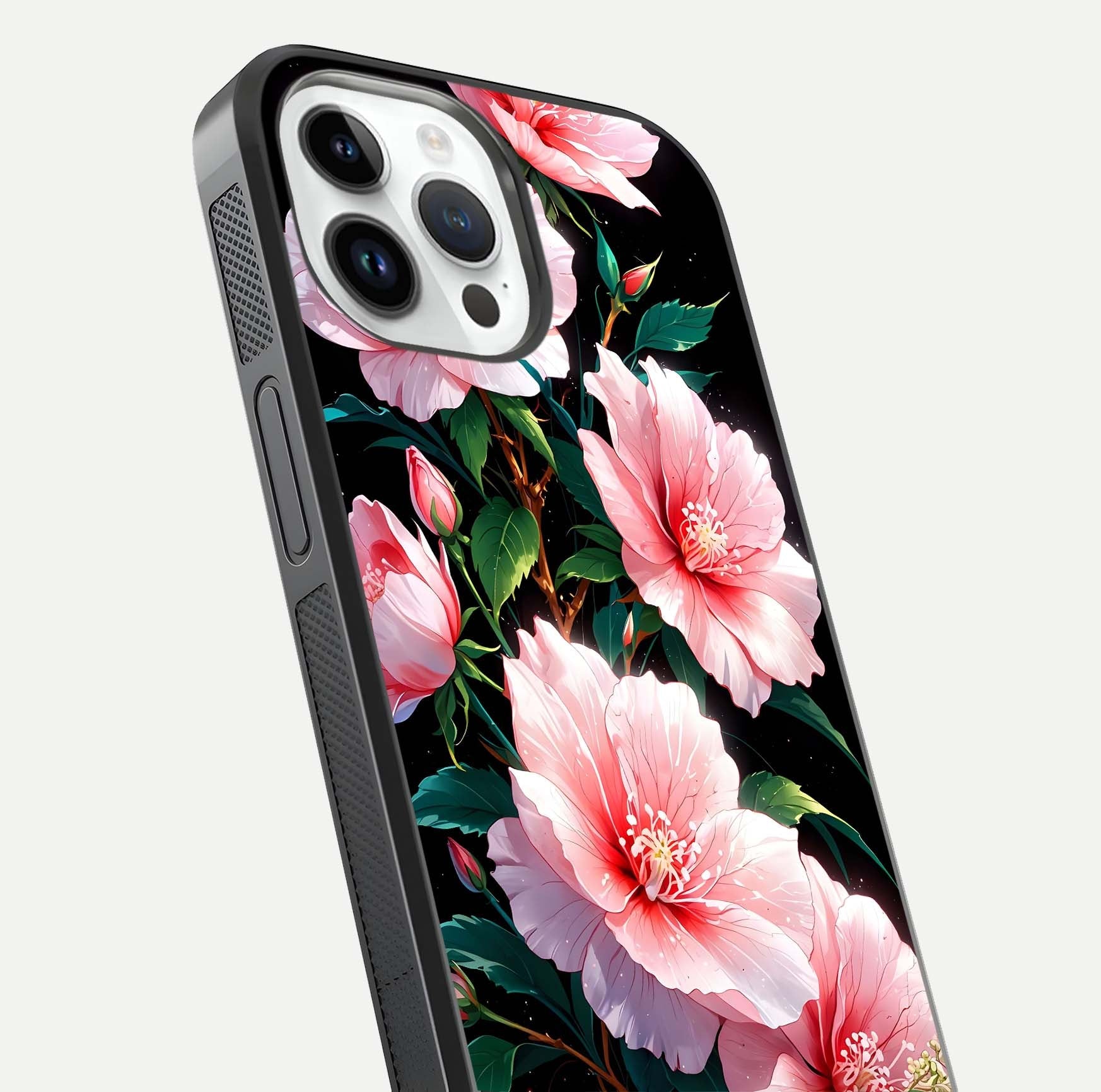 Peach Flower Glass Case for iPhone 14 Pro close-up angled shot highlighting floral petals and HD glass reflection