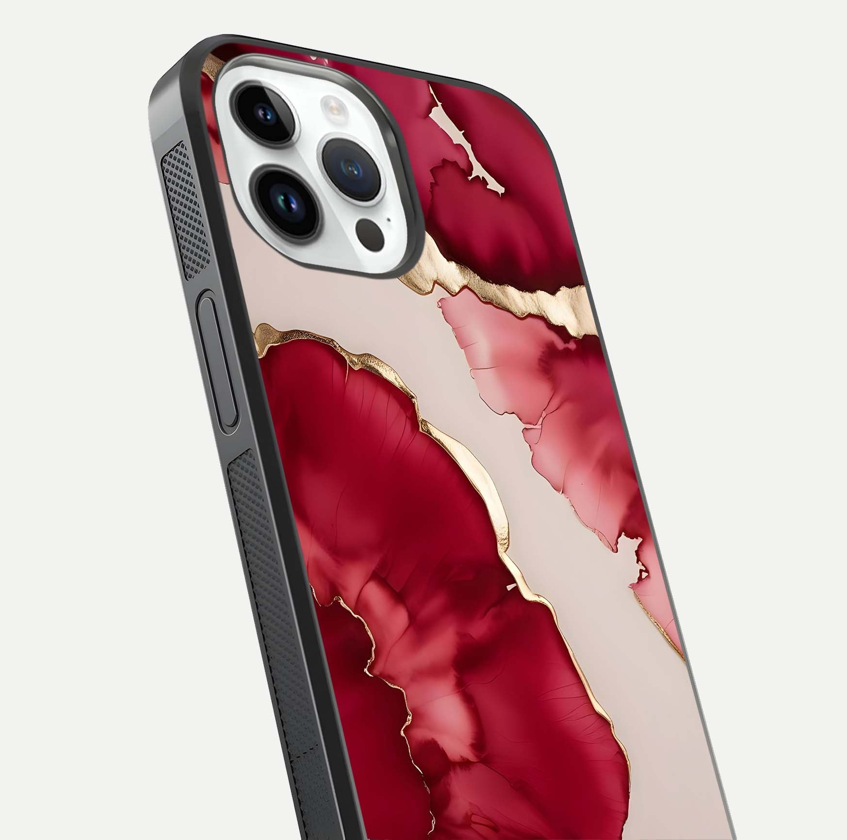 Pink & White Marble Glass Case for iPhone 14 Pro close-up angled shot showing reflection and gradient color blend