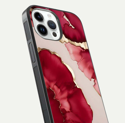 Pink & White Marble Glass Case for iPhone 14 Pro close-up angled shot showing reflection and gradient color blend