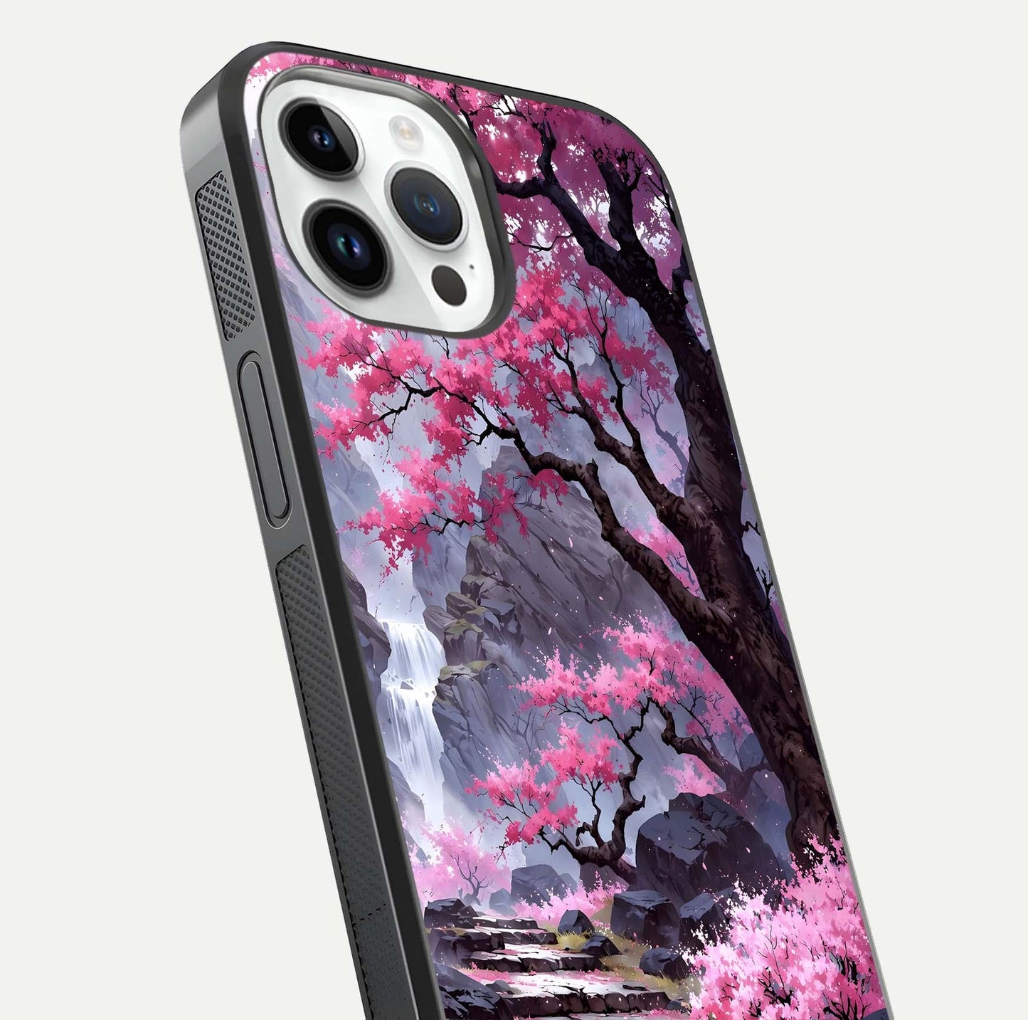 Pinkish Scenery Glass Case for iPhone 14 Pro close-up angled shot showing reflection and gradient color blend