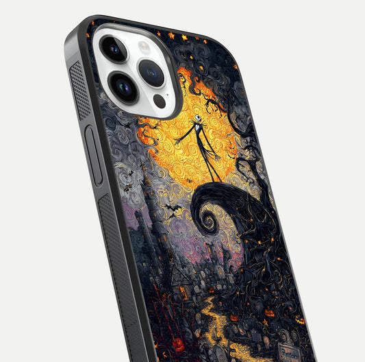 Pumpkin Moon Night Glass Case for iPhone 14 Pro close-up angled shot showing moon reflection and Halloween glow