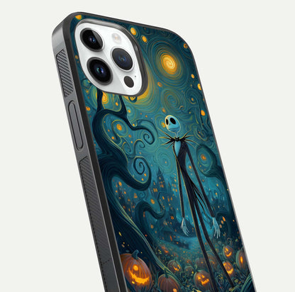 Pumpkin Moonlight Tale Glass Case for iPhone 14 Pro close-up angled shot highlighting reflection and vibrant glow