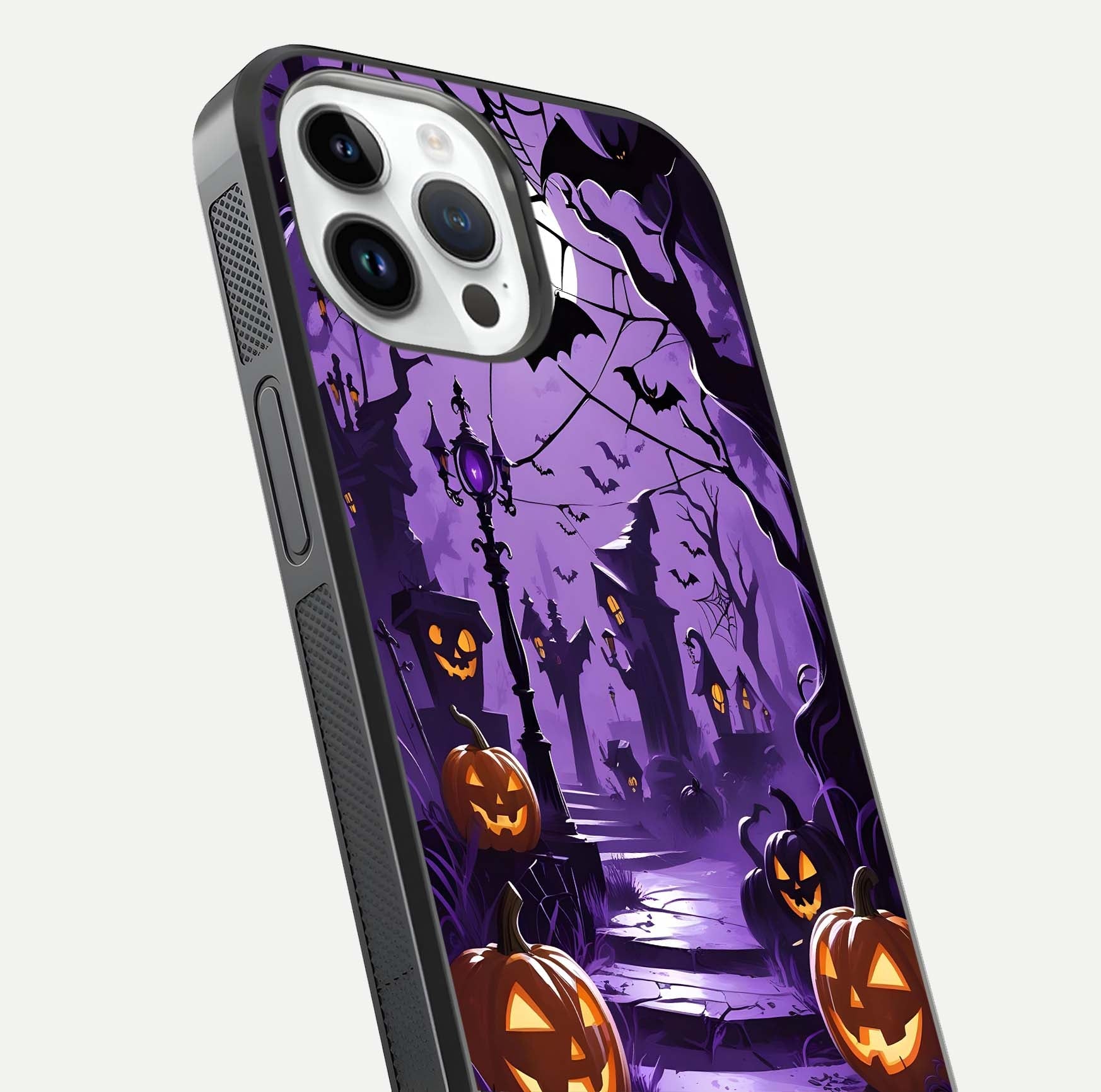 Pumpkin Patch Halloween Glass Case for iPhone 14 Pro close-up angled shot highlighting pumpkin texture and shine