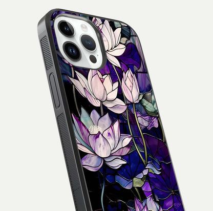 Purple Lotus Pattern Glass Case for iPhone 14 Pro close-up angled shot showing petal texture and HD reflection