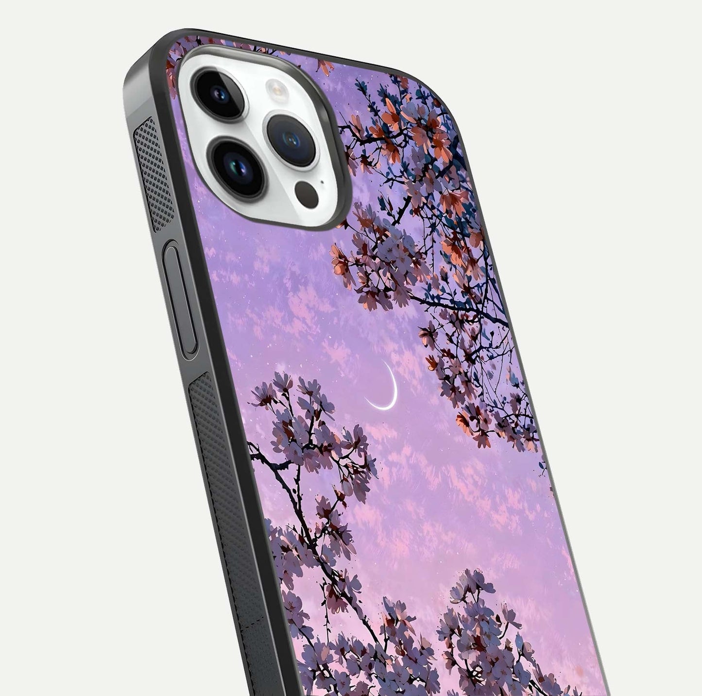 Purple Serenity Moon Glass Case for iPhone 14 Pro close-up angled shot showing reflection and gradient purple hues