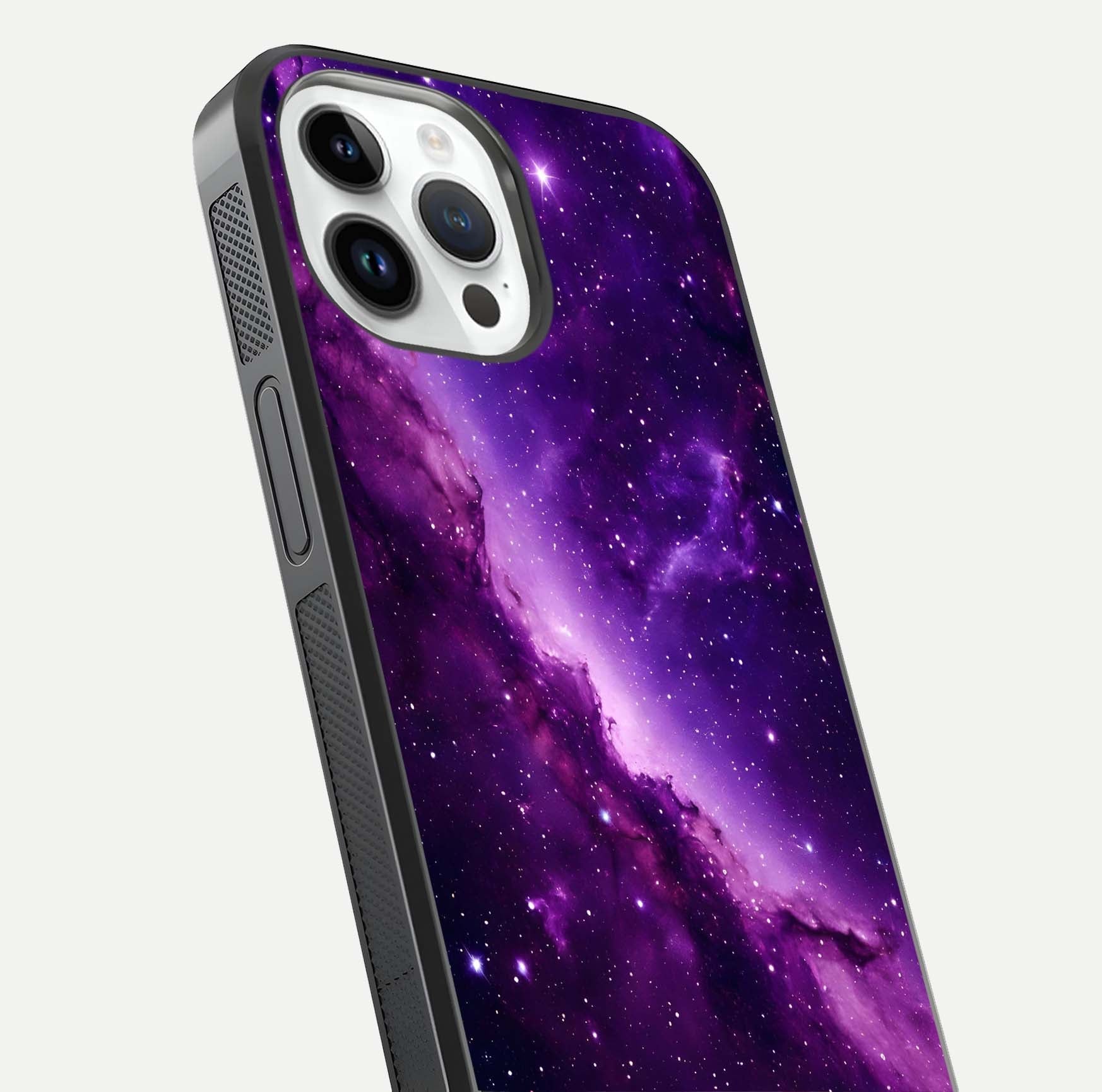Purple Shade Sky Glass Case for iPhone 14 Pro close-up angled shot highlighting color gradient and reflection