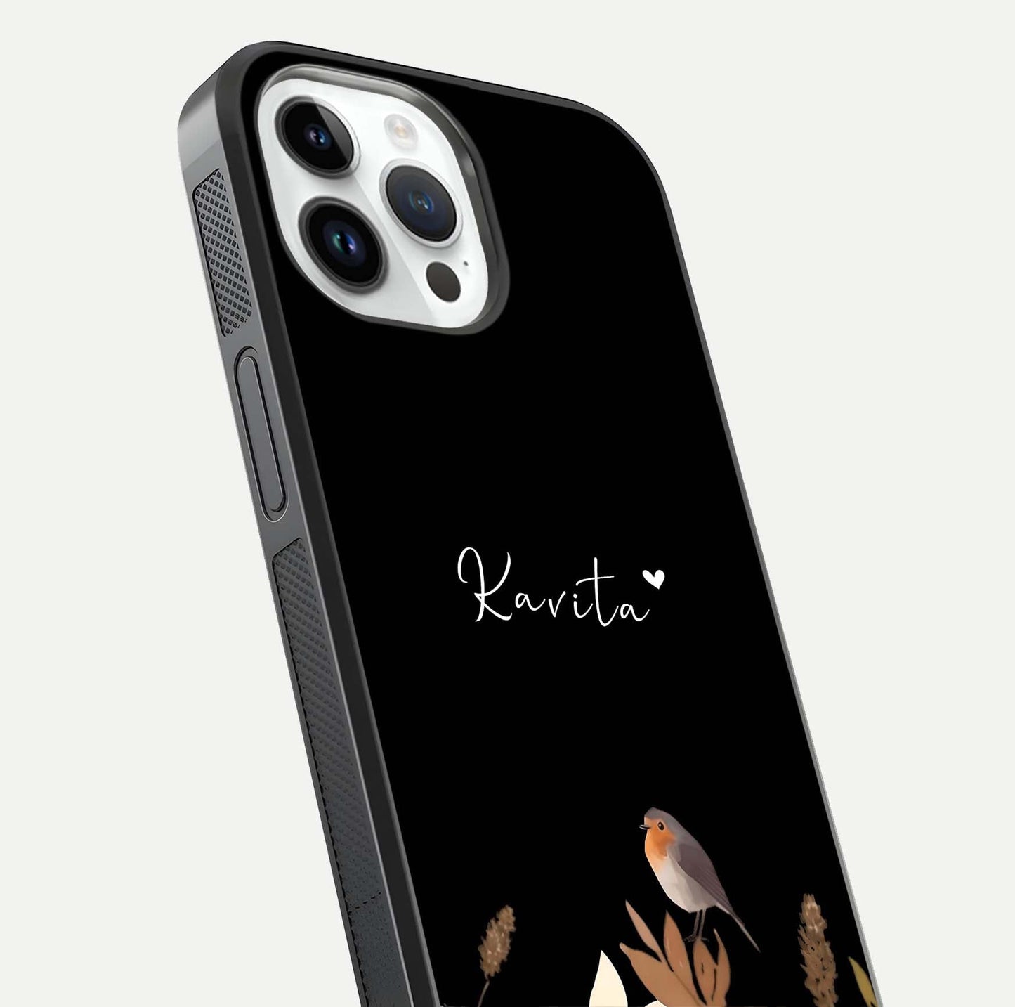 Quiet Garden Tune Custom Name Glass Case for iPhone 14 Pro close-up angled shot showing soft tones and gloss reflection