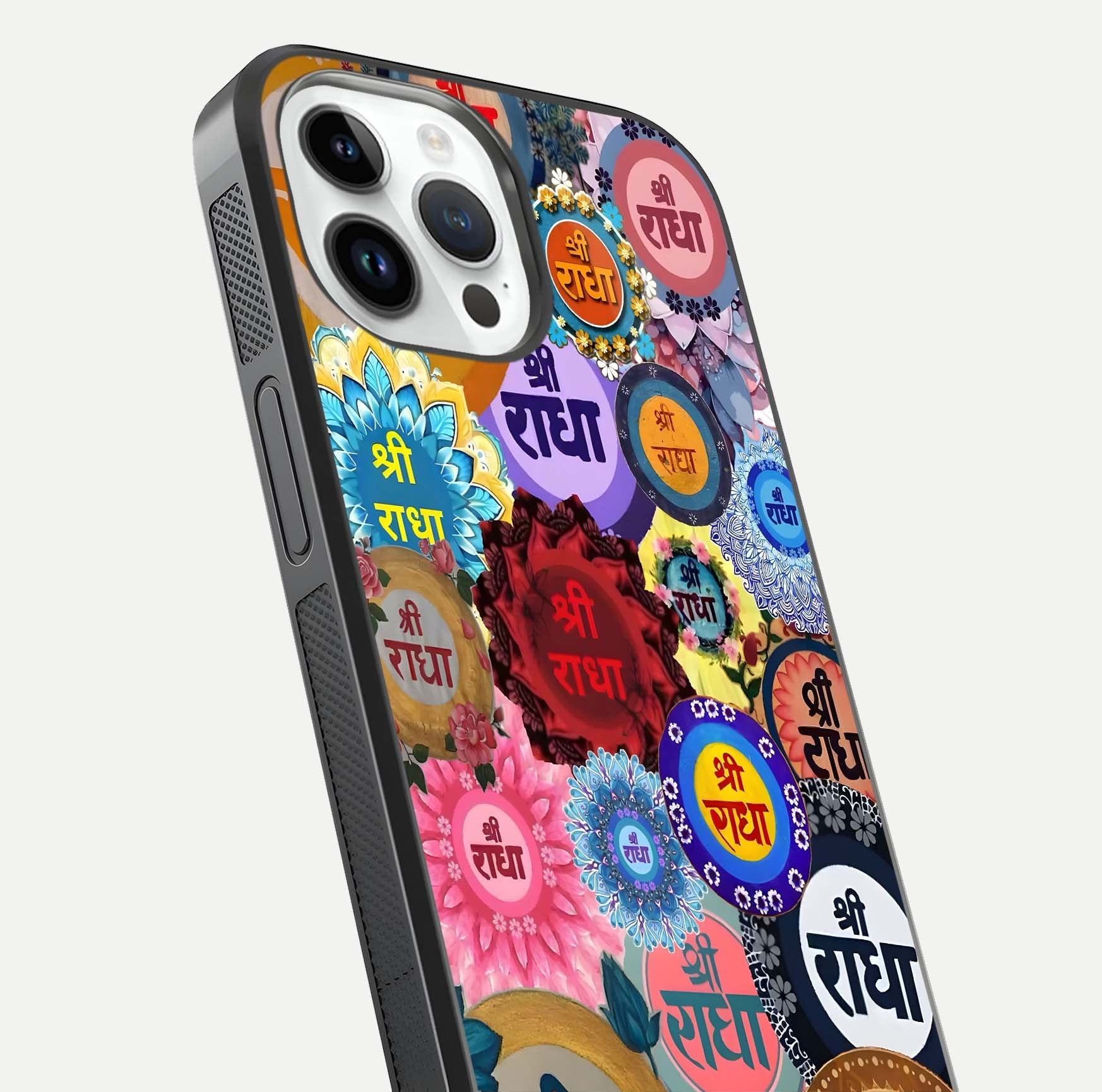 Radha Divine Bloom Glass Case for iPhone 14 Pro close-up angled shot highlighting divine detailing and shine