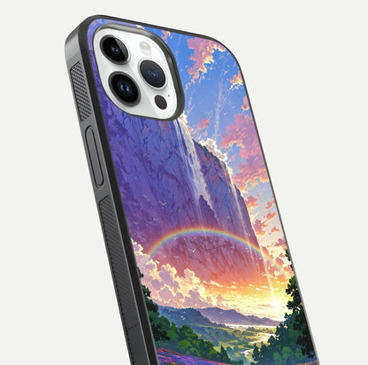 Rainbow Valley Dream Glass Case for iPhone 16 Pro close-up angled shot highlighting gradient tones and HD shine