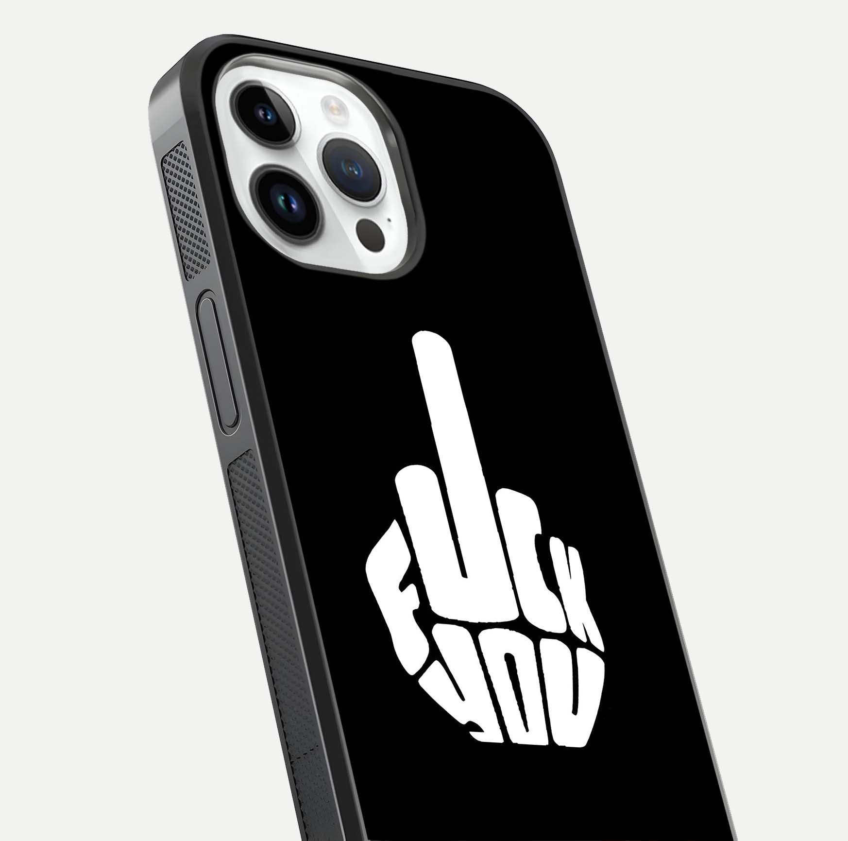 Rebel Mode On Glass Case for iPhone 14 Pro close-up angled shot highlighting reflective text and sharp design