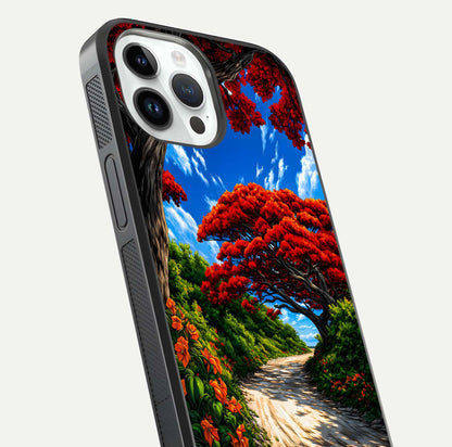 Red Trees Pathway Glass Case For iPhone 14 Pro