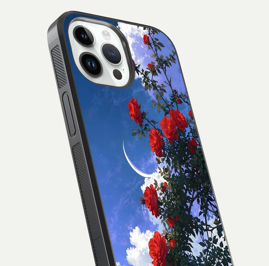 Rose Drift Flowers Glass Case for iPhone 14 Pro close-up angled shot highlighting floral texture and reflection