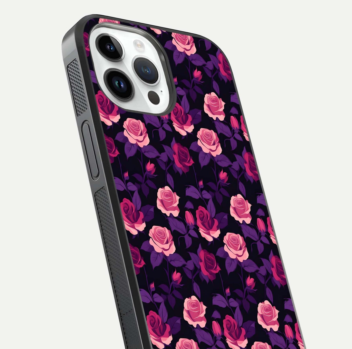 Rose Garden Twilight Glass Case for iPhone 14 Pro close-up angled shot highlighting rose contrast and reflection