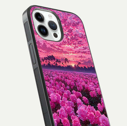 Rose Sunset Valley Glass Case for iPhone 14 Pro close-up angled shot showing rose detailing and golden hues