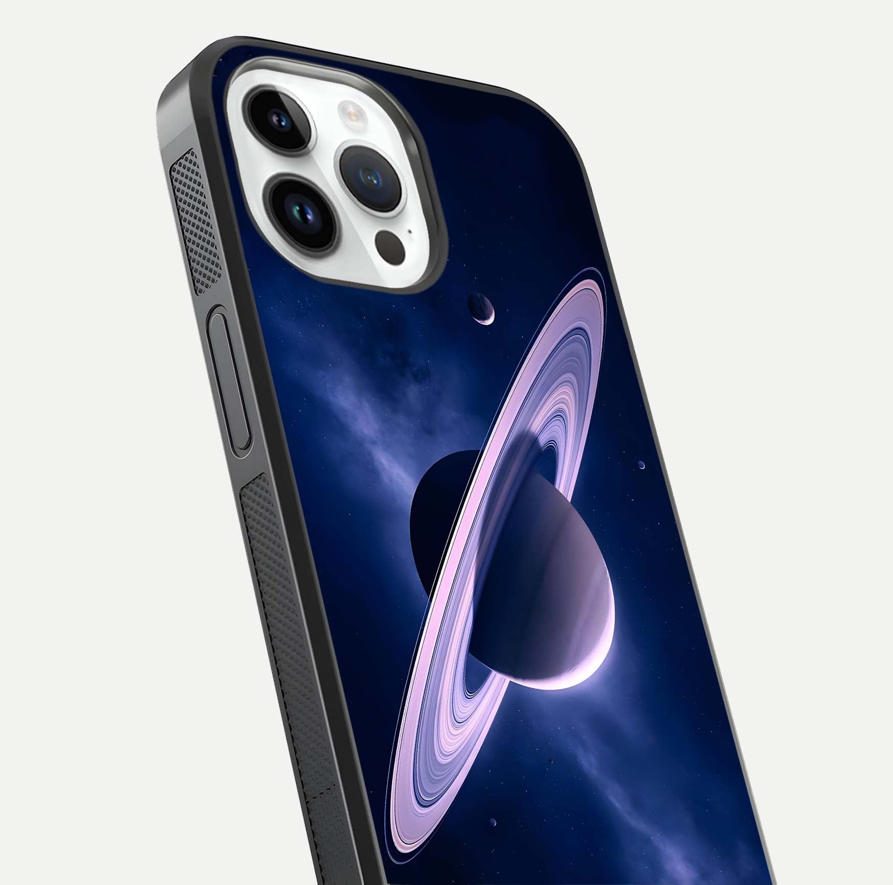 Saturn Ring Mystique Glass Case for iPhone 14 Pro close-up angled shot highlighting ring detail and HD reflection