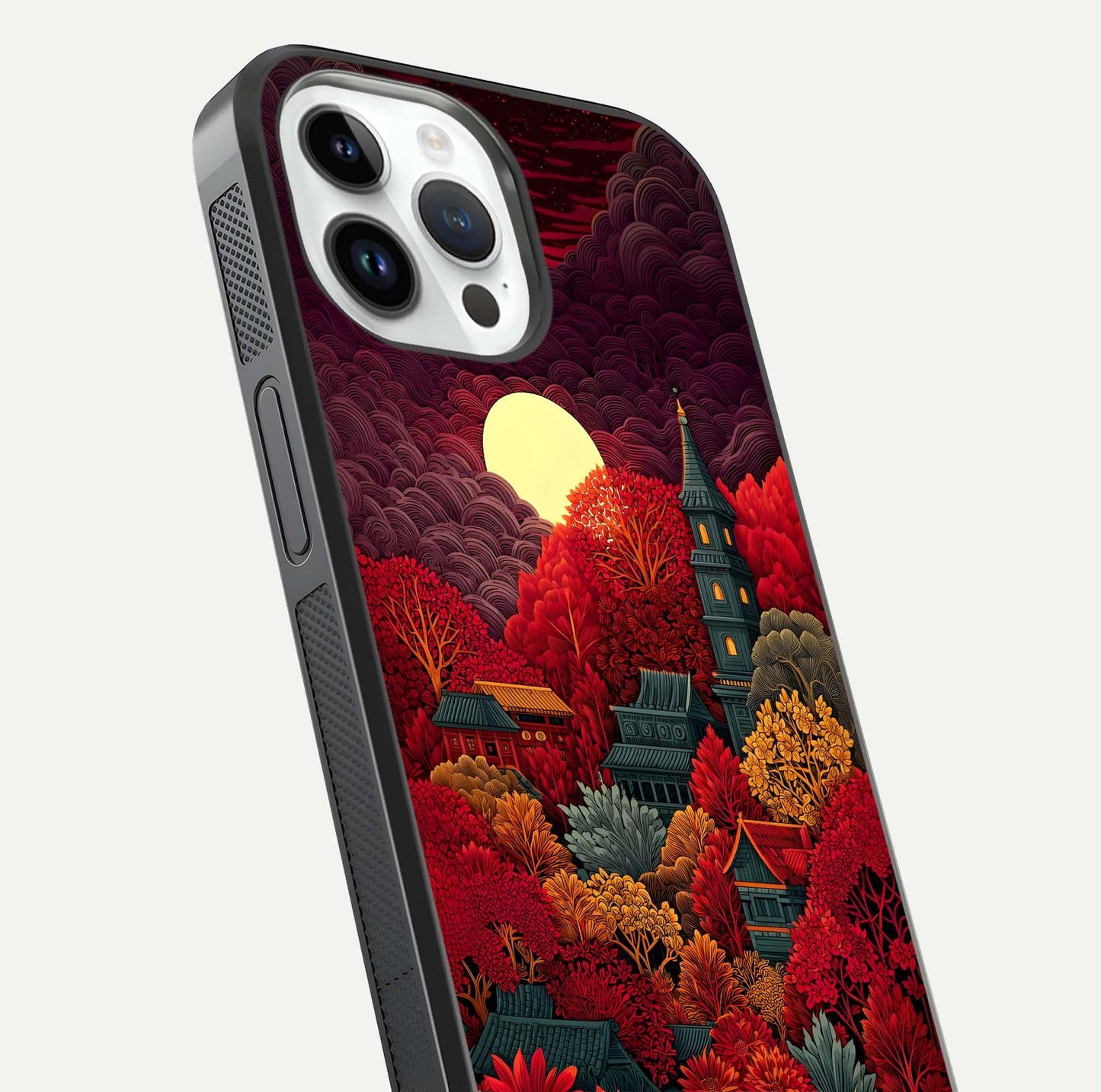Scarlet Autumn Temple Glass Case for iPhone 14 Pro close-up angled shot highlighting golden leaves and reflection
