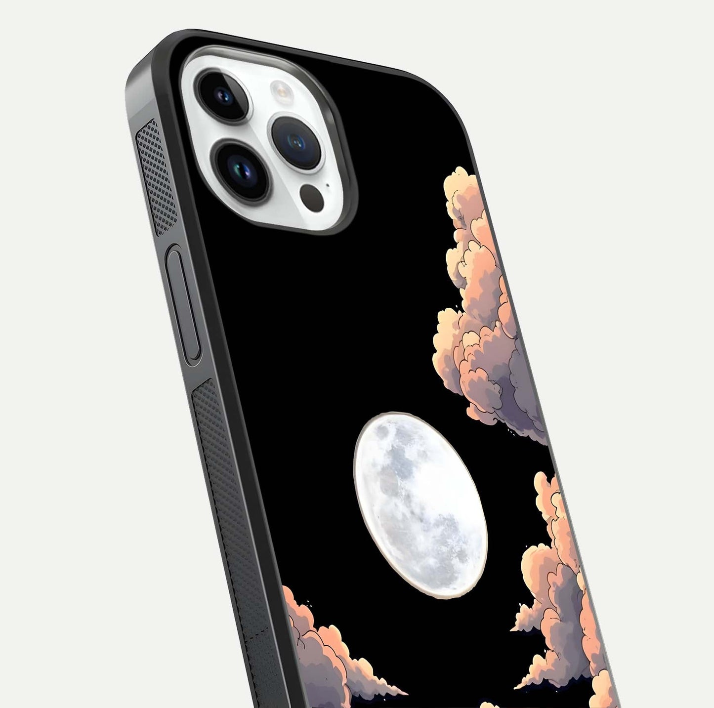 Shade Cloud Moon Glass Case for iPhone 14 Pro close-up angled shot highlighting moon reflection and depth
