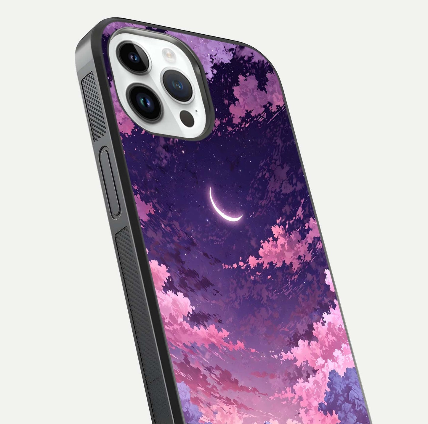 Sky Drift Clouds Glass Case for iPhone 14 Pro close-up angled shot highlighting cloud texture and reflection