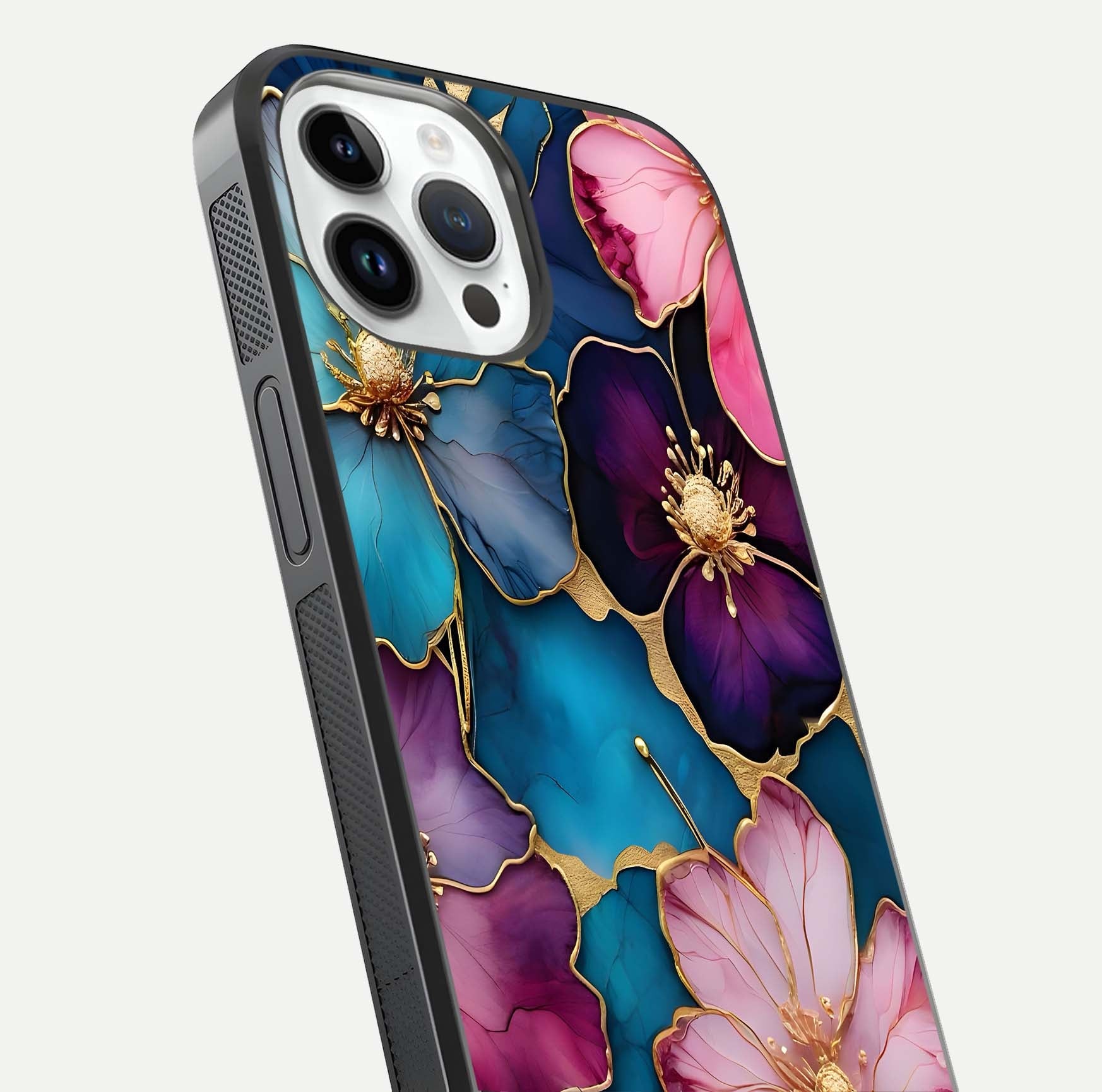 Sparkle Floral Glass Case for iPhone 14 Pro close-up angled shot highlighting shimmer details and reflection