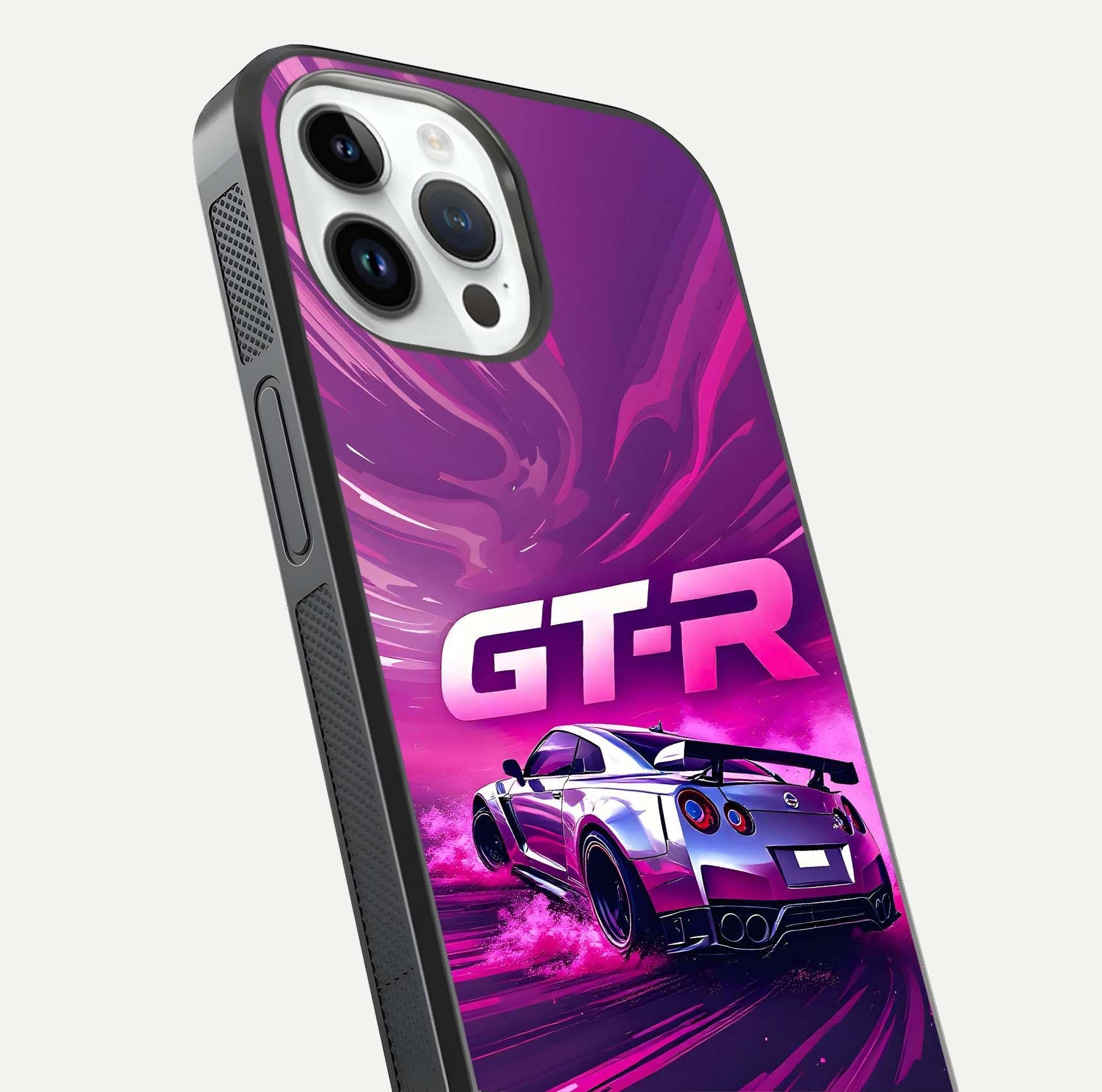 Speed Drift Legend Glass Case for iPhone 14 Pro close-up angled shot highlighting speed lines and reflection
