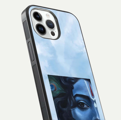 Spiritual Krishna Glass Case for iPhone 16 Pro close-up angled shot showing HD print, color tone, and reflection