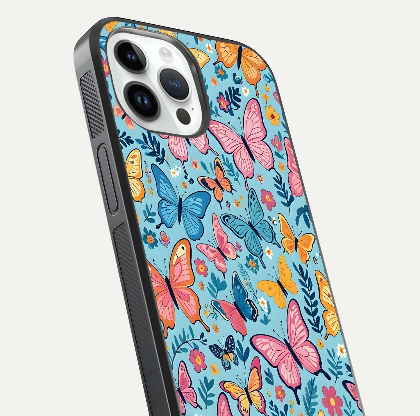 Spring Wing Garden Glass Case for iPhone 14 Pro close-up angled shot highlighting petal details and reflection